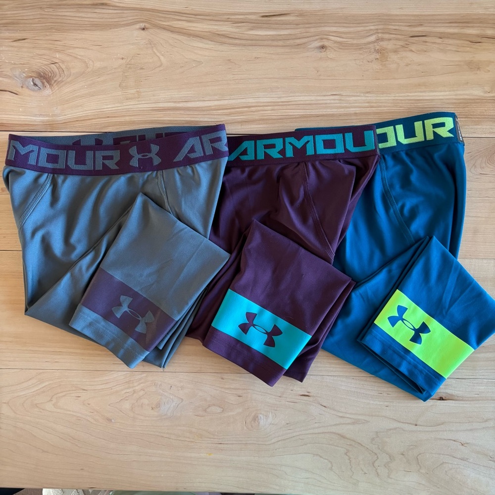 Under Armour Boys Fitted Heat Gear Leggings Gray Purple Teal Youth Medium